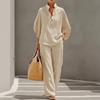2026 Spring and Summer New Loose Stand-up Collar Bat Sleeve Top Wide-leg Pants Two-piece Set Lazy Style Casual Linen Set