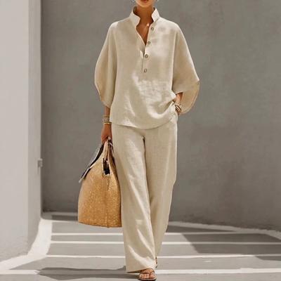 2026 Spring and Summer New Loose Stand-up Collar Bat Sleeve Top Wide-leg Pants Two-piece Set Lazy Style Casual Linen Set