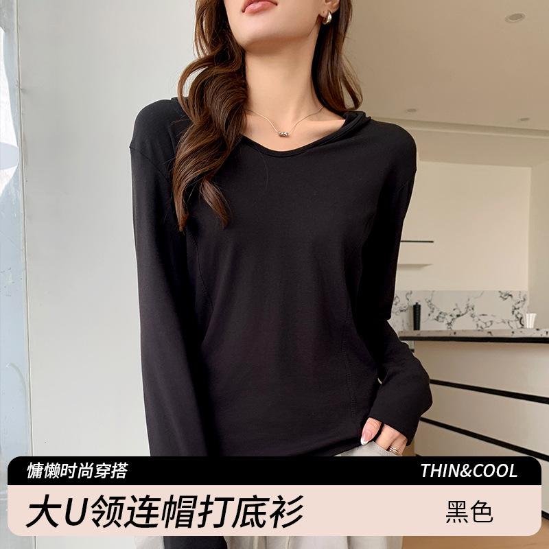 

8 Hooded Lazy Wind Long Sleeve Bottom Shirt Women s Spring, Autumn and Winter New Solid Color Loose Inner Shirt Top M fits 80-55 kg чёрный