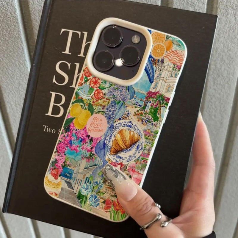 A Fresh and Simple Collage-Patterned Lychee-Textured Phone Case, Suitable for iPhone 17, 16, 15, Plus, Pro, Max Series Phones — Can Be Used as a Gift