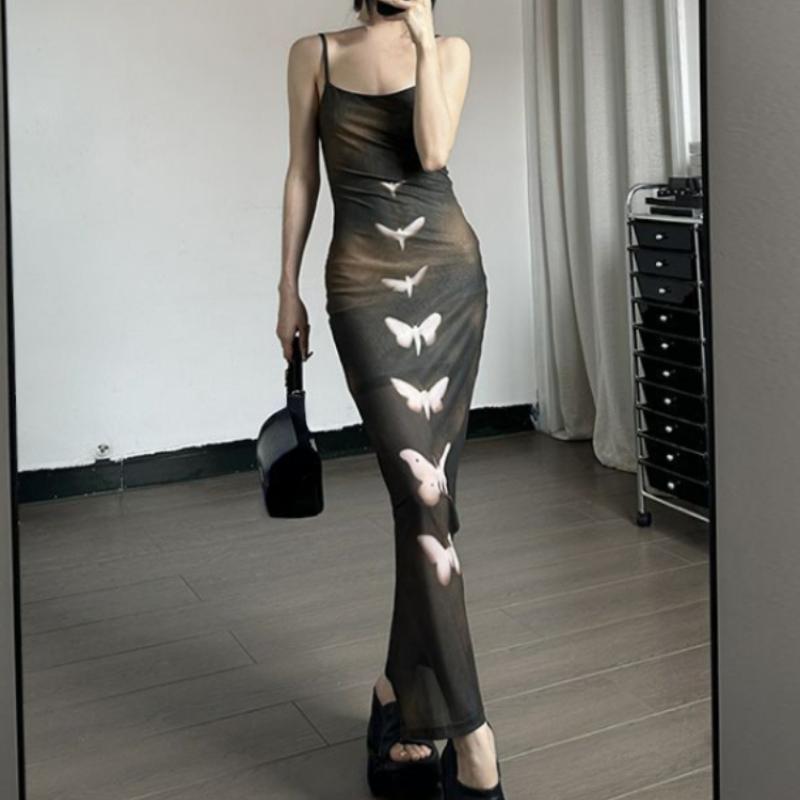 Japanese Gauze Elegant Butterfly Print Dresses Sexy Split Y2k Aesthetic Sweet Women's Dress Tie Dye Long Slim Grunge Fairy