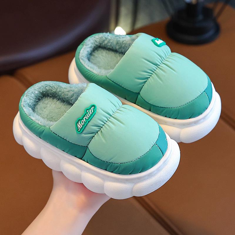 Children's Winter Velvet-Lined Cotton Slippers with Heel Support - Non-Slip, Waterproof, Warm Shoes for Big Kids & Parent-Child Pairs