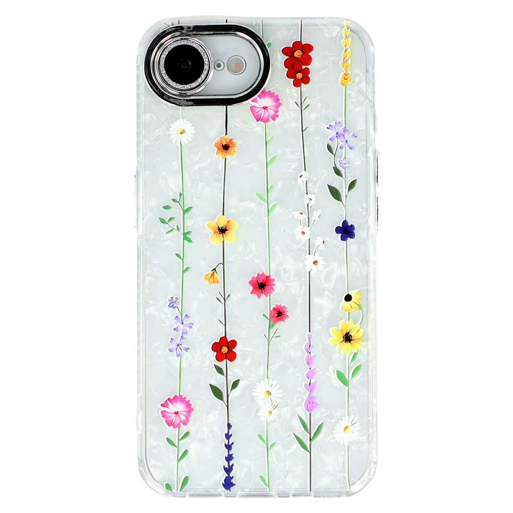 Für iPhone 16e Hülle Galvanisiertes Blumenmuster IMD TPU+PC Handy-Rückseite mit Glaslinsenfolie