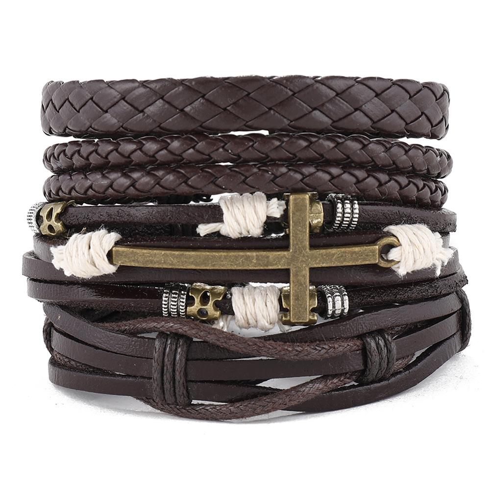 

Винтажный браслет-шарм с крестом, многослойный плетеный кожаный набор для мужчин и женщин коричневый