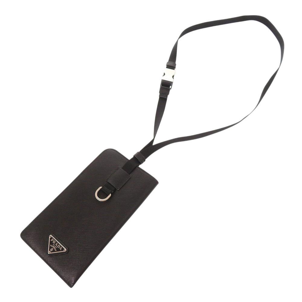 Used AUTHENTIC PRADA Phone case neck pouch Triangle logo Saffiano Black