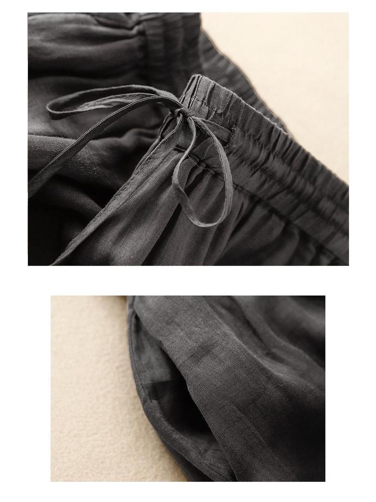 Women's Casual Wide-Leg Elastic Waist Pants - Cotton Linen Double Layer 