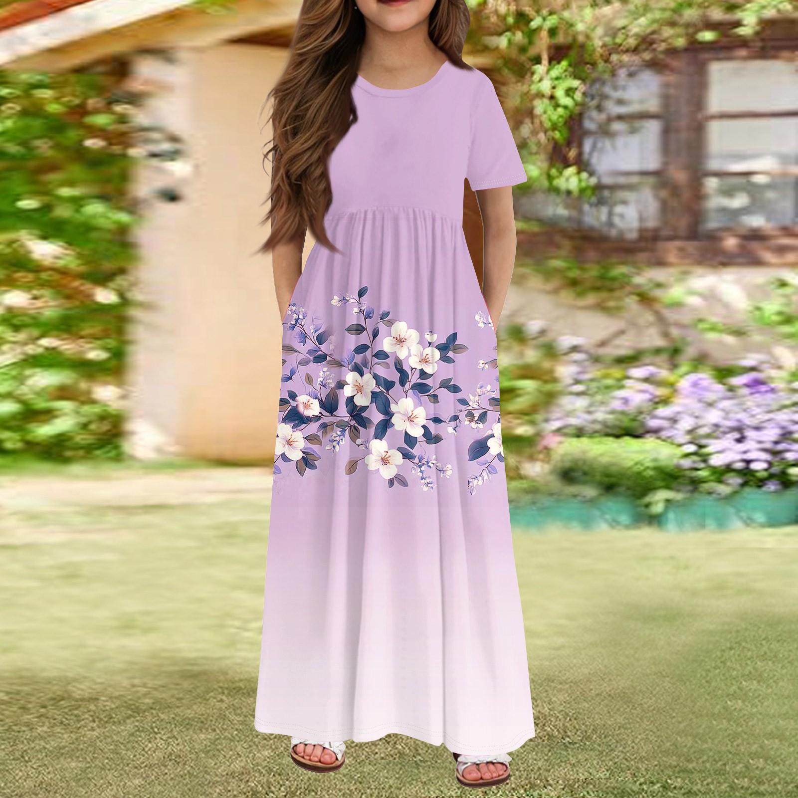 

Длинное летнее платье для девочек - платье макси с короткими рукавами и карманами для детей 4-14 лет 160