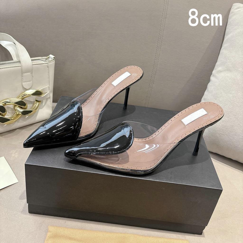 Fashion 2025 New Style Patent Leather Pvc Heart-Shaped Pointed-Toe Thin Heel Half-Slippers High Heel Sandals For Women'S Summer