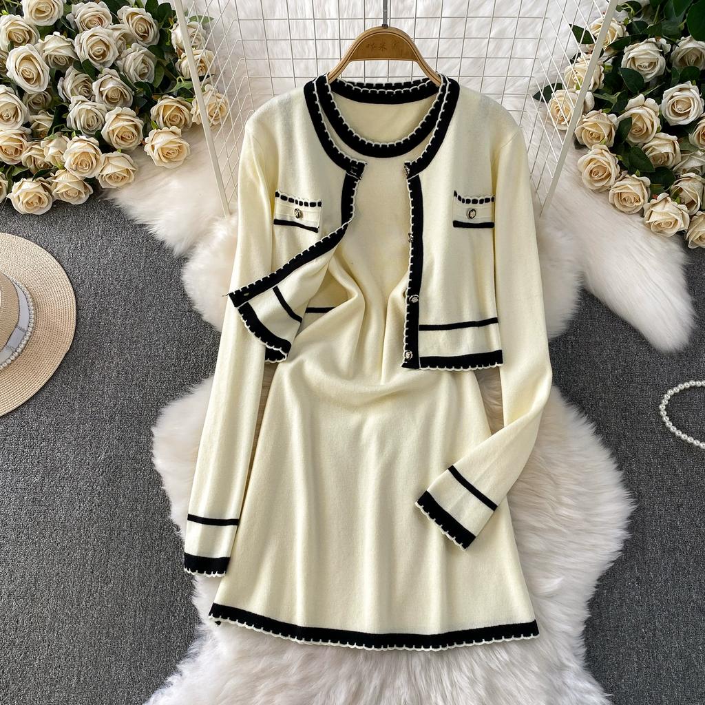 Autumn Winter Women Casual Knitted Sweater Two Piece Set Single Breasted Cardigans Top and Mini Short Slim Bodycon Dresses Suit