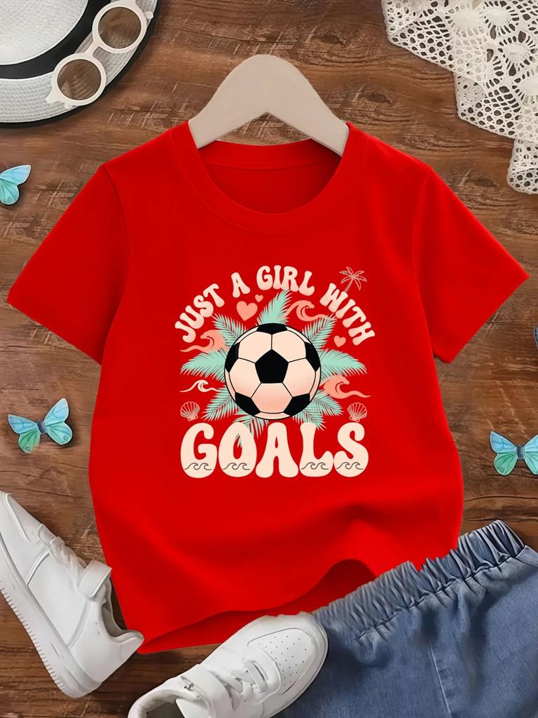 Girls Short Sleeve T Shirt Just A Girl With Goals Soccer Tropical Leaf Print Crew Neck Kids Summer Casual Sports Tee Top