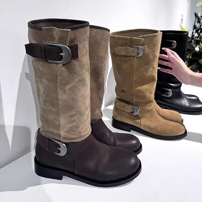Cowhide Version! Retro Western Cowboy Boots Women's Belt Buckle Big Tube Circumference Fat MM But Knee Thick Heel Thin Knight Boots