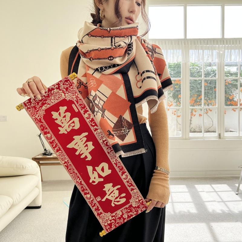 185*65Cm Winter Women'S Scarf Luxury Design Double Sided Cashmere Feel Scarf Warm Red Scarf Shawl