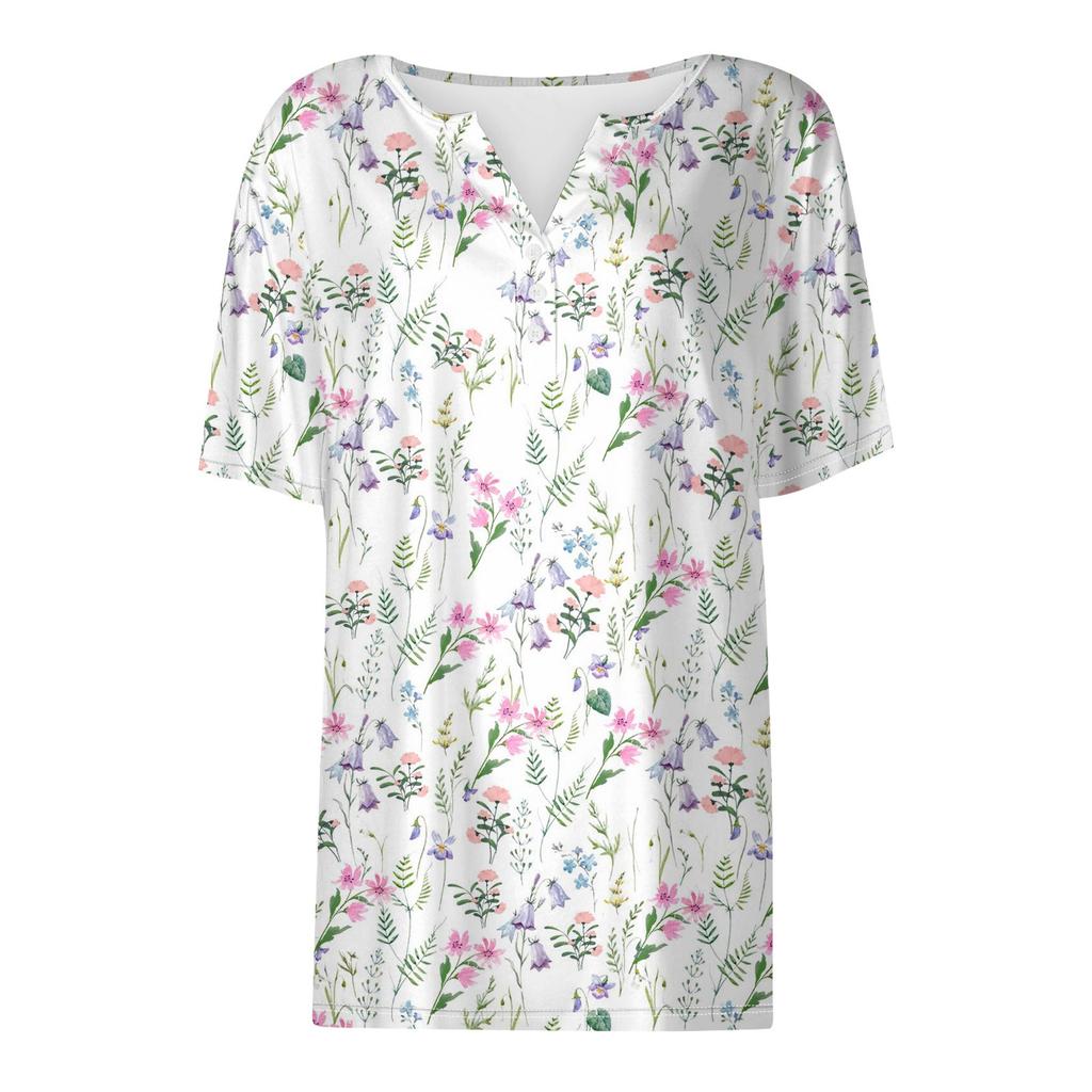 Damen-T-Shirt, T-Shirt, bedruckt, Knopfleiste, kurzärmelig, für den Alltag, Wochenende, modisch, Basic, V-Ausschnitt, normales Oberteil