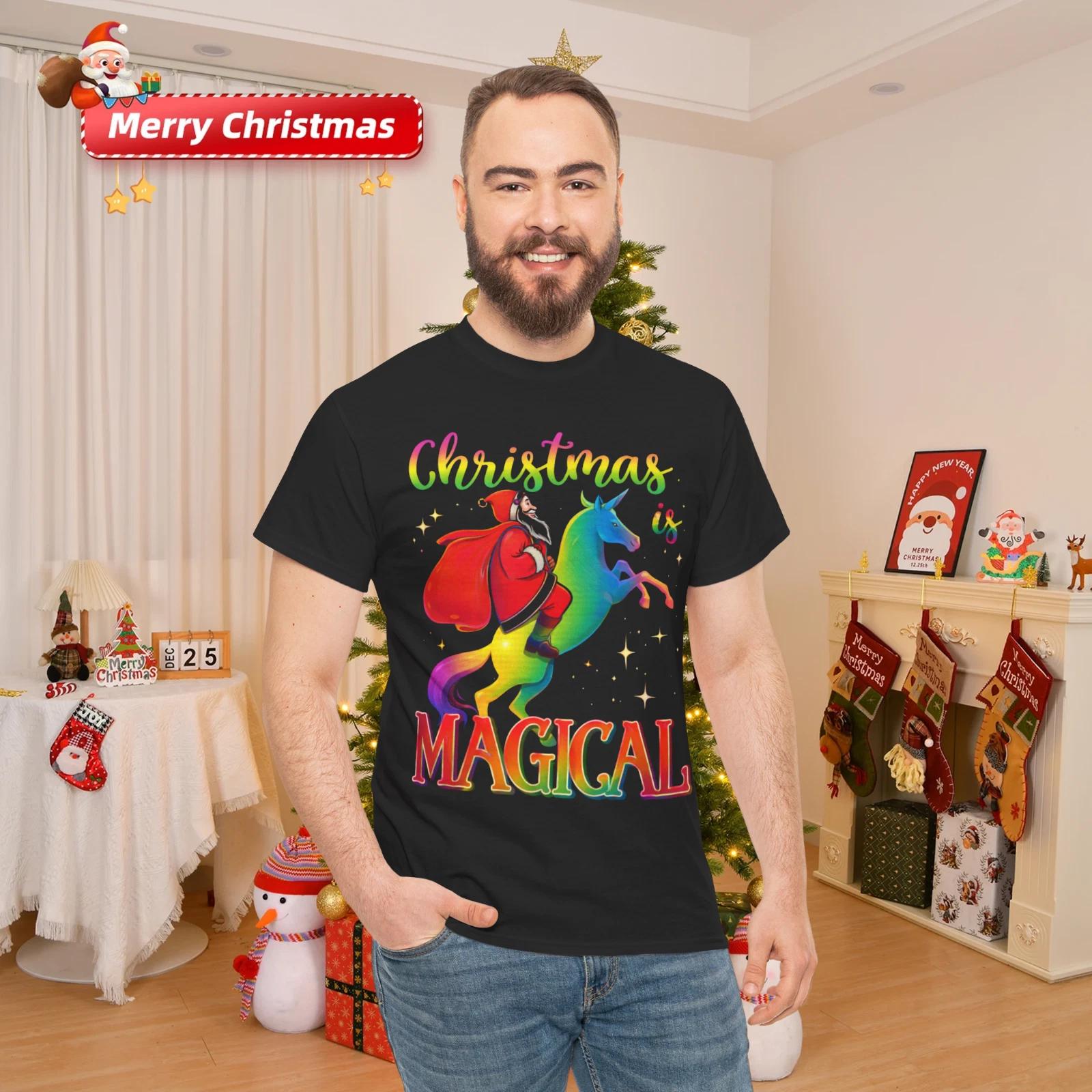 Christmas Is Magical Santa Riding Unicorn Holiday T-Shirt S