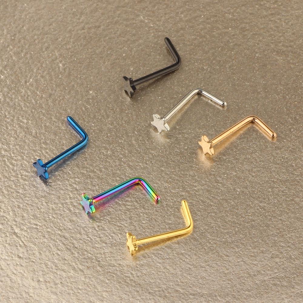 Stal Nierdzewna Kolczyk do Nosa w Kształcie Litery L z Pięcioramienną Gwiazdą Biżuteria Piercing