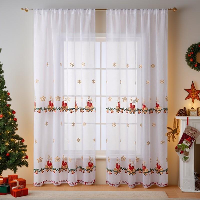 Christmas Curtains With Embroidered Snowflakes Bells Semi-Sheer American Style Window Treatment Living Room Bedroom Dining