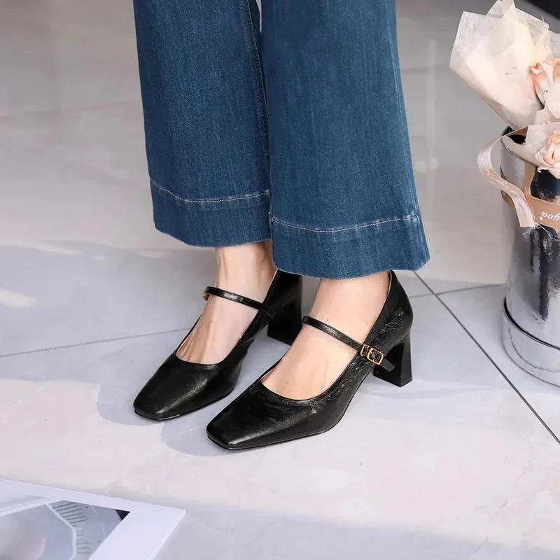 

Fashion 2025 New Women s Mary Jane High Heels Square Toe Chunky Heels Outdoor Fashion Dress Pumps Women Shallow Buckle Strap Shoes 34 чёрный
