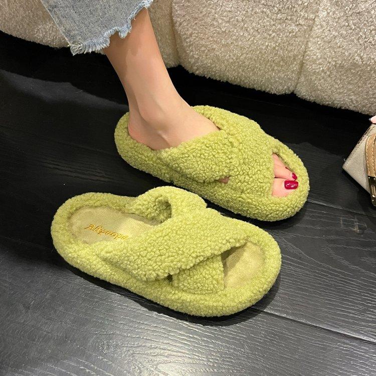 

Шерстяные тапочки со скрещенными толстыми подошвами, новые осенне-зимние модные милые нескользящие женские тапочки из овечьей шерсти 40 зелёный