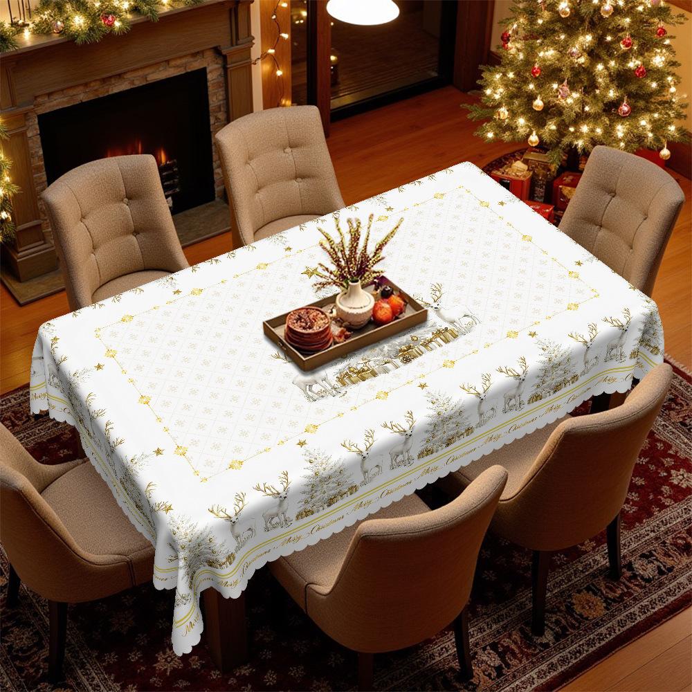 European Christmas Rectangular Table Tablecloth, White Golden Deer Snowflake Print, Living Room And Dining Room Decorative Tablecloth Round tablecloth-152x152cm