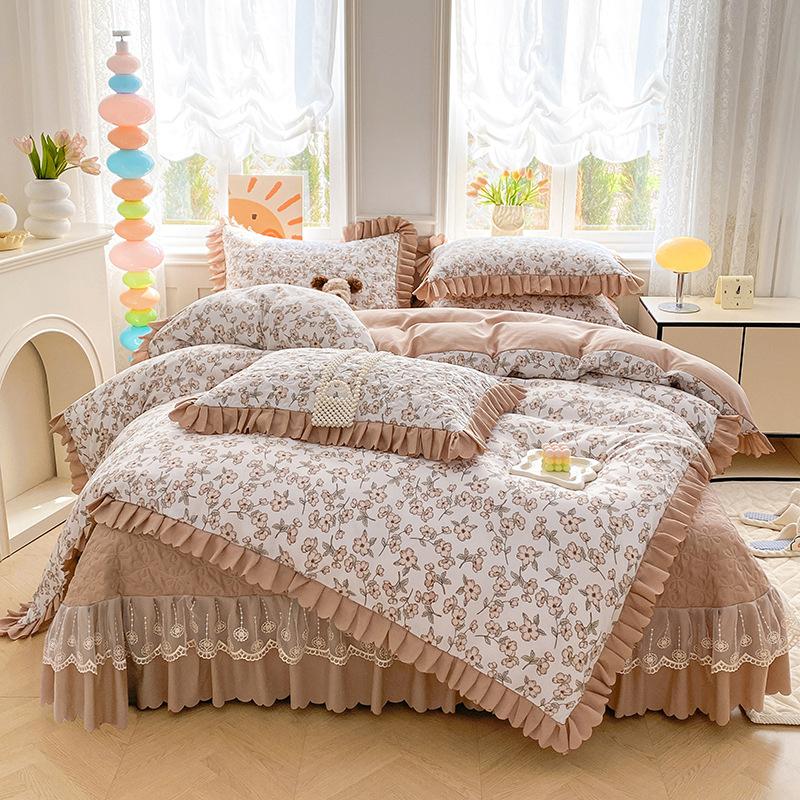Pure Cotton Double-layer Yarn Quilt Cover Bed Skirt Lace Single-piece Three-piece Four-piece Set Four-season Universal Bed Sheet Quilt Cover