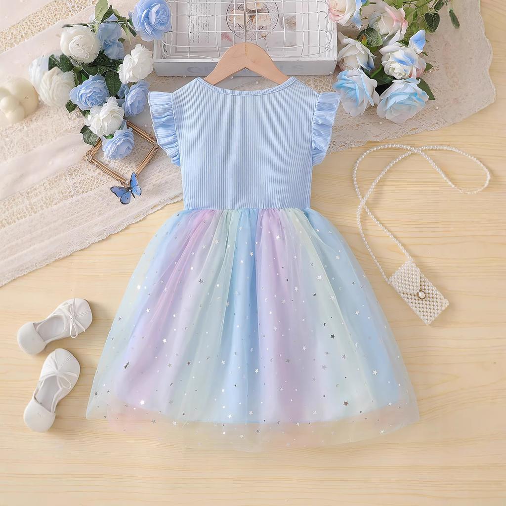 Dziewczęca Sukienka z Siateczkowymi Panelami w Kolorach Gwieździstego Nieba Letnia Moda Dziecięca Sukienka Księżniczki