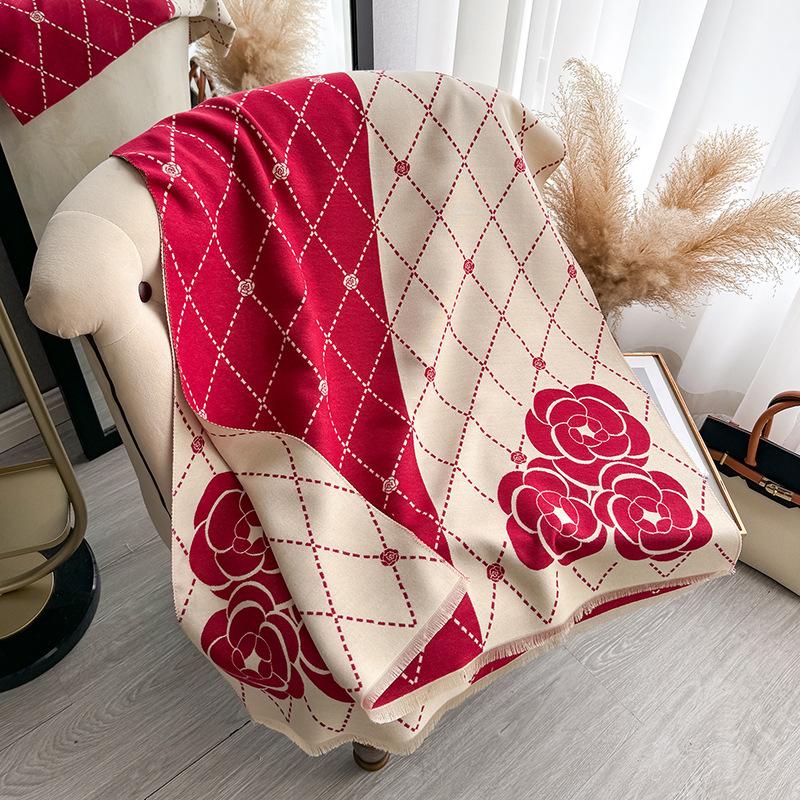 Camellia Imitation Cashmere Scarf Women'S Versatile Thickened Warm Student Scarf Shawl