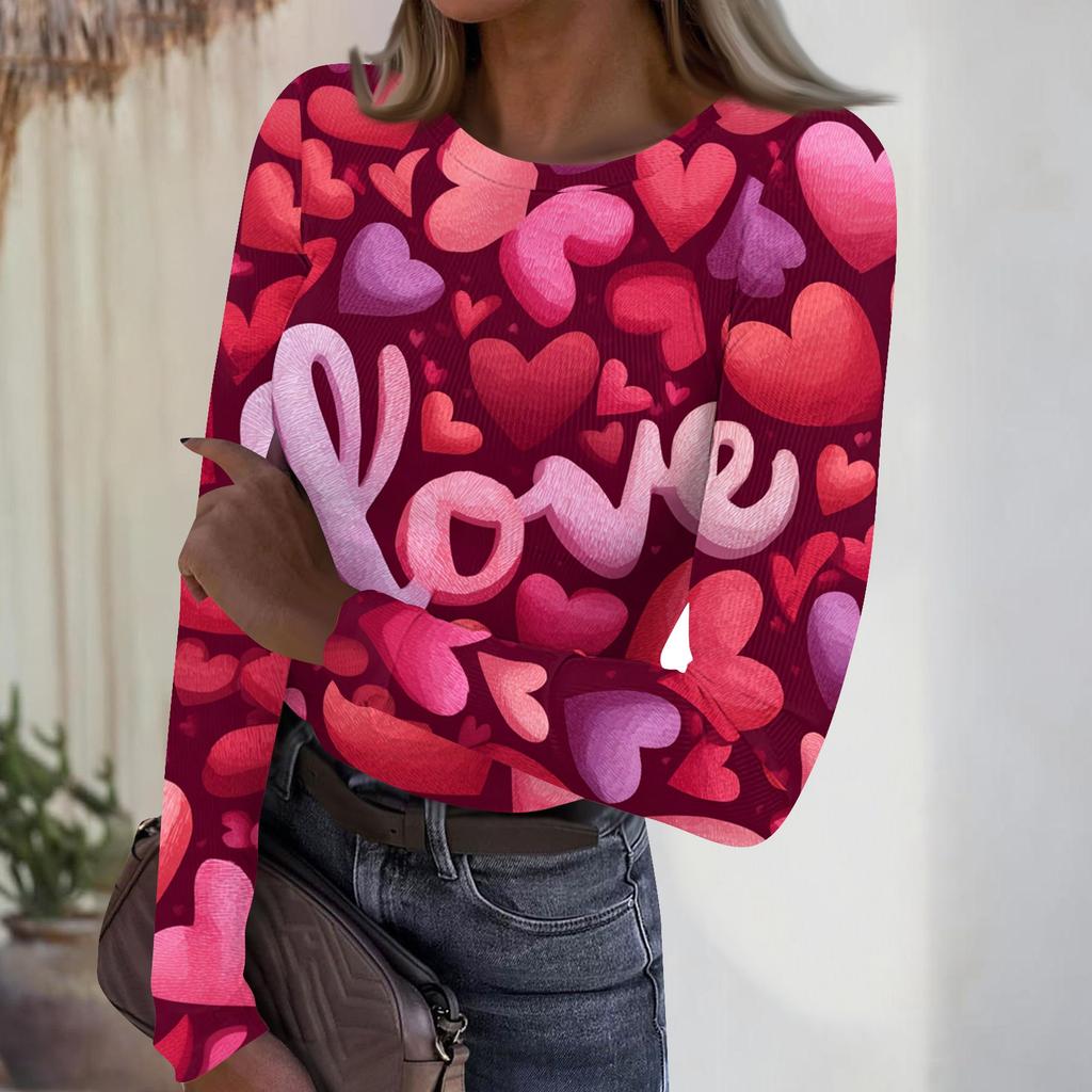 Women's Casual And Fashionable Round-neck Long-sleeved Ribbed Top With Valentine's Day Print.