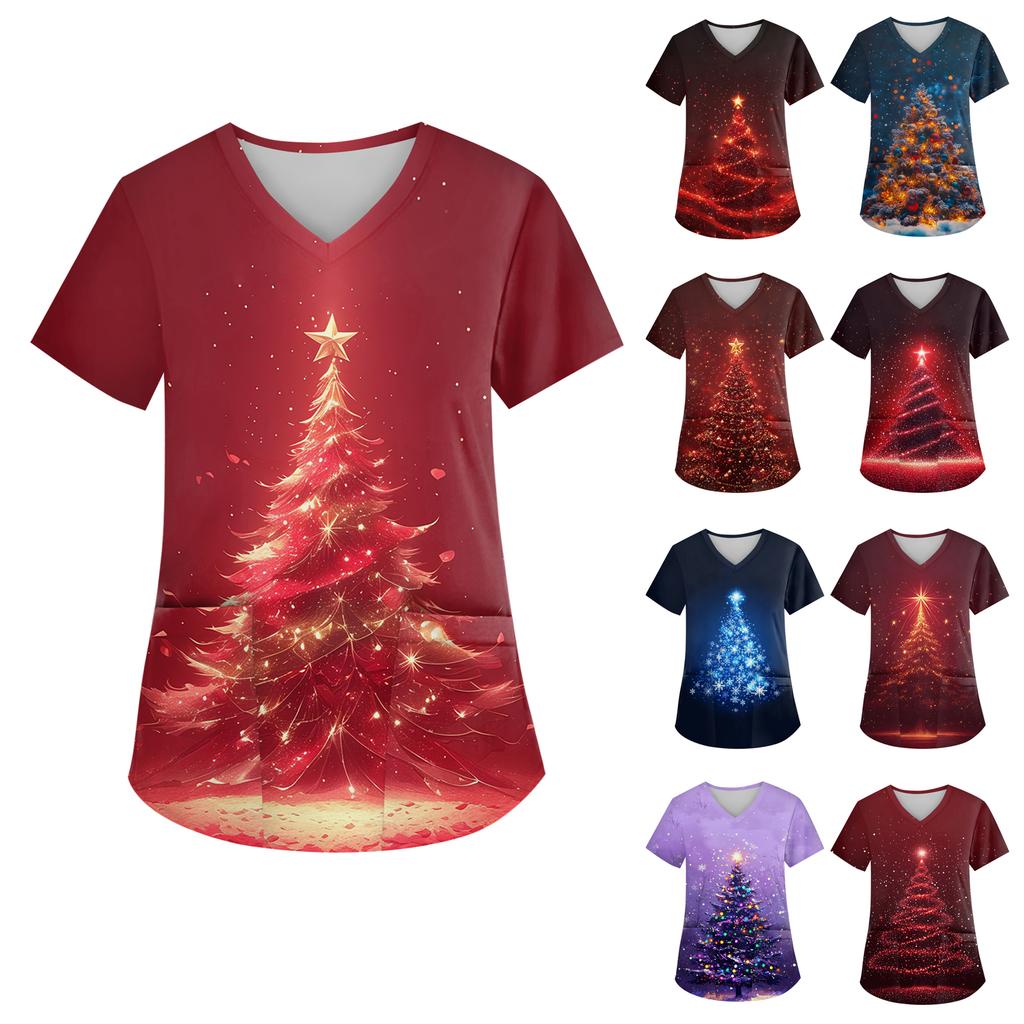 Women's V-neck Christmas Print Short-sleeved Pocket Side Slit Uniform Top