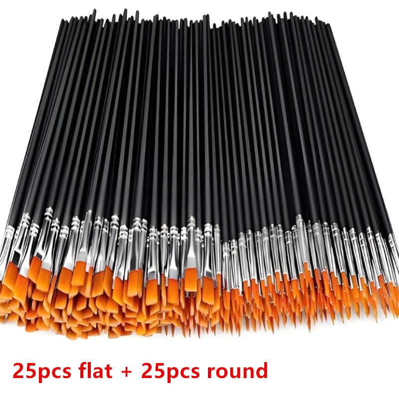 Y-50Pcs Painting Brushes Set Round Flat Hair Nylon for Oil Acrylic Watercolor Art Artists Beginners Students Kids