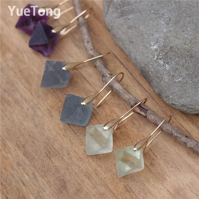 Raw Natural Stone Green Blue Purple Fluorite Gold Hook Teardrop Dangle Earrings Women Minimalist Gemstone Jewelry
