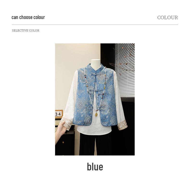 Women's Blue Brocade Jacquard Vest - New 2026 Chinese Style with Frog Buttons, Sleeveless Elegance for Spring