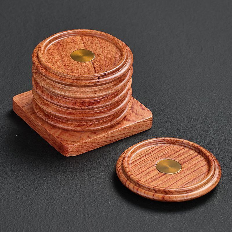 Wooden Coaster Set With Copper Inlay Heat-Resistant Tea Cup Trivet Kung Fu Ceremony Home Kitchen