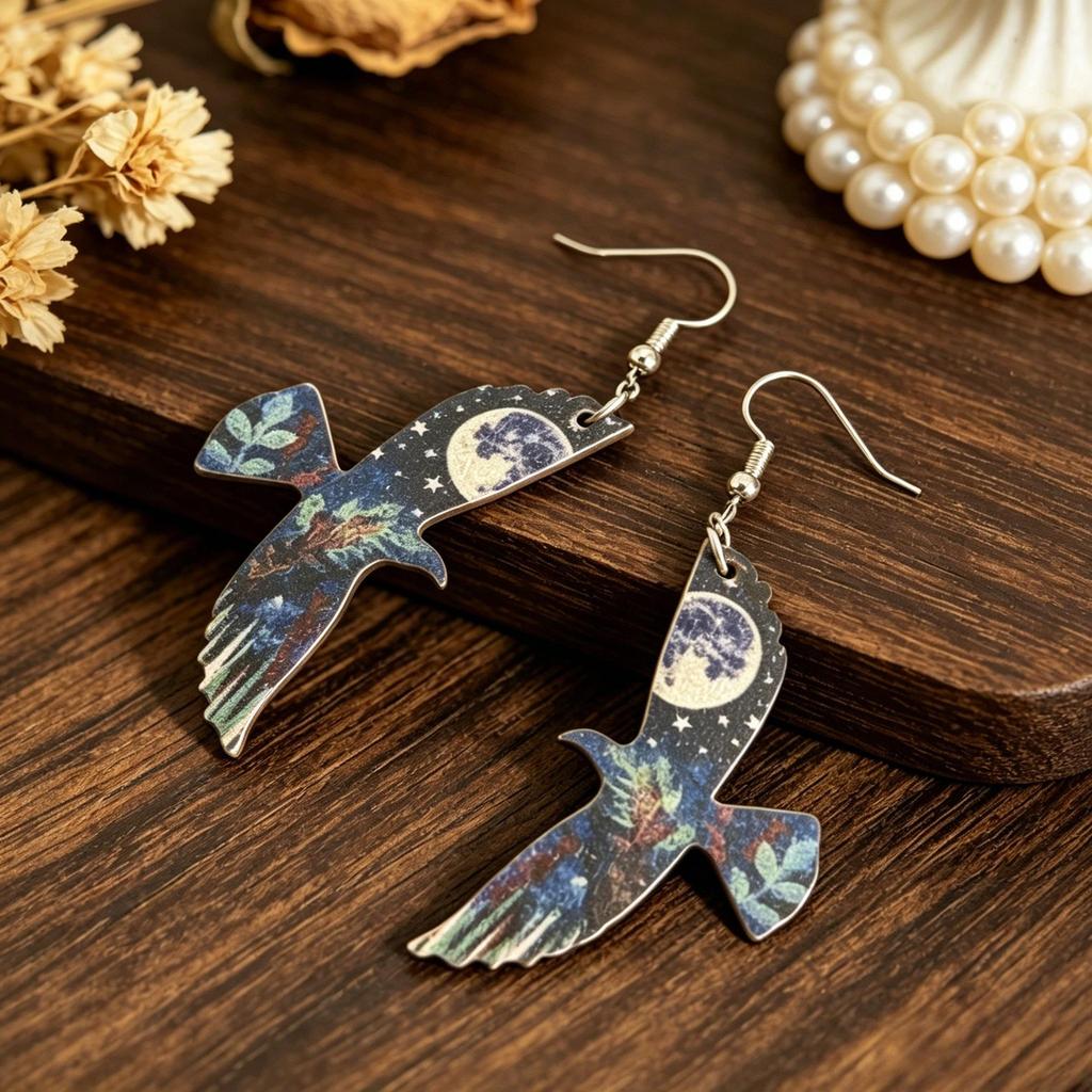 Retro Starry Sky Moon & Bird Wooden Earrings - Crow Print Moonlit Night Dangle