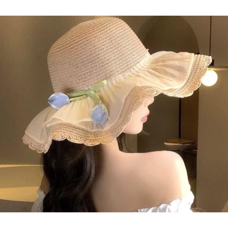Big Brim Sun Hat Seaside Beach Idyllic Forest Bow Streamer Straw Hat Female Summer Flower Tulip