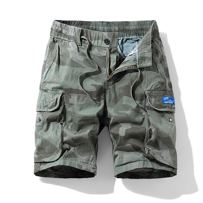 Herren Sommer Camouflage Cargo-Shorts mit mehreren Taschen, Elastischer Bund, Gerades Bein, Reine Baumwolle, Mittellang.