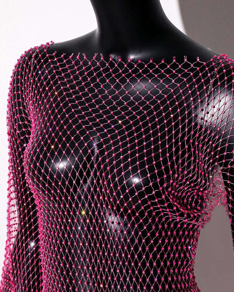 Damen Strass Fischnetz Rückenfreies Langarm Sexy Überwurfkleid