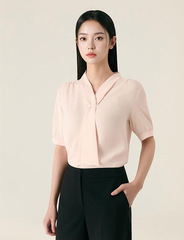 ROEM Basic Short Sleeve Fixed Tie Blouse Rmblg24R04