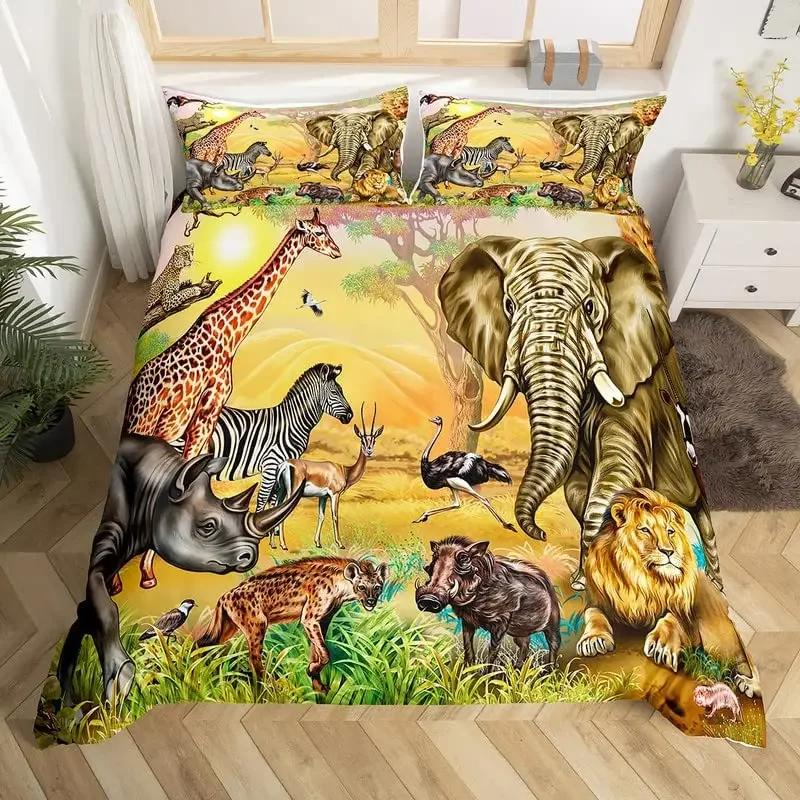 Comforter Cute Elephant Green Grass Bohemian Elephant Bedding Set Microfiber Safari Animals Comforter Twin King Size