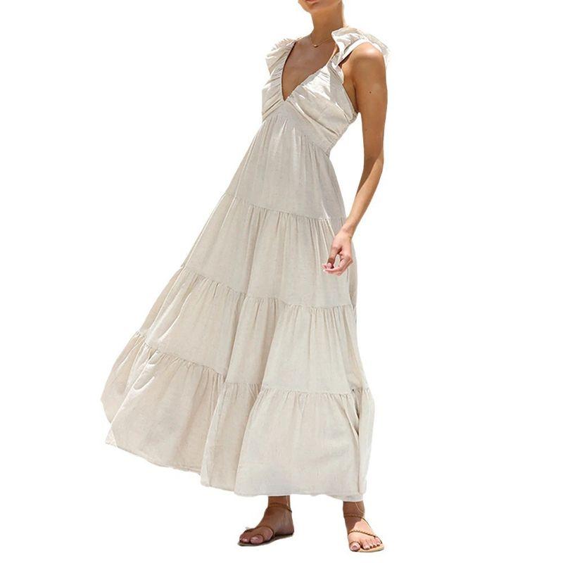 

Vacuum Beachdress Summer V-neck Sexy Cotton Linen Sleeveless Lace Sling Vacation Beach dress Apricot S