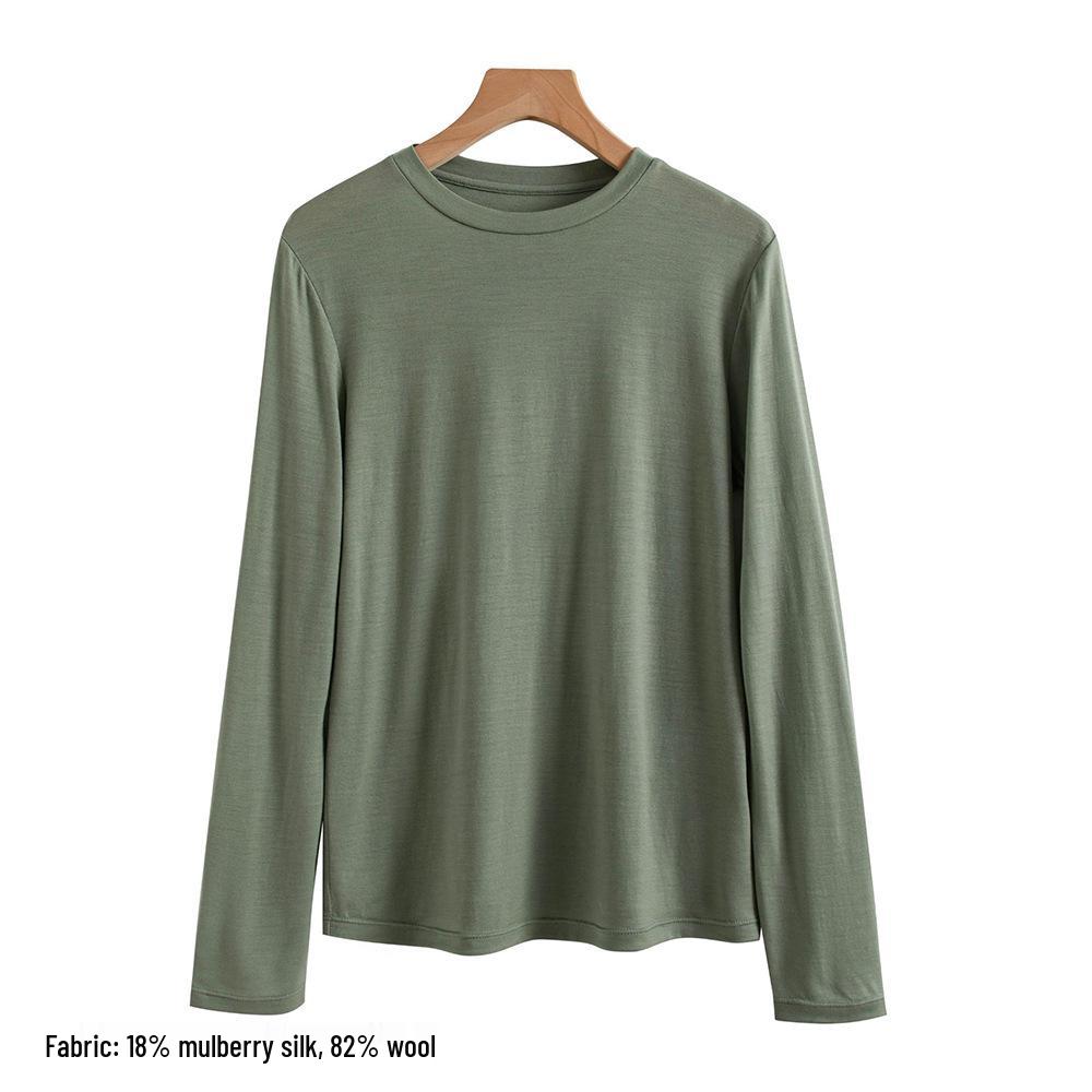 2025 Autumn Slimming Round Neck Silk Wool T-Shirt - Warm, Skin-Friendly, Solid Color