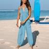 Ladies' Loose And Comfortable Solid Color Deep V Hanging Neck Sleeveless Pleated Pocket Wide Leg Long Jumpsuit