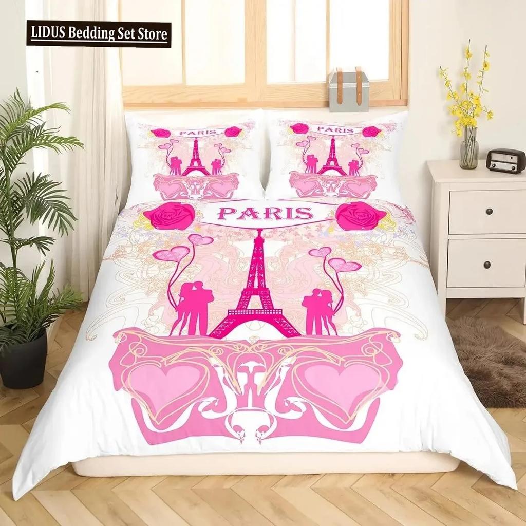 Comforter Valentine Day King Queen Paris Eiffel Tower Bedding Set Pink Watercolor Tulips Flowers Balloon Polyester