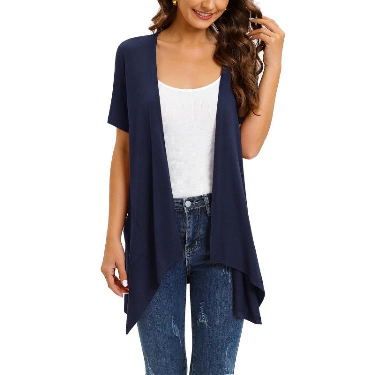 2023 Fashion Women Short Sleeve Cardigan Solid Color European American Style