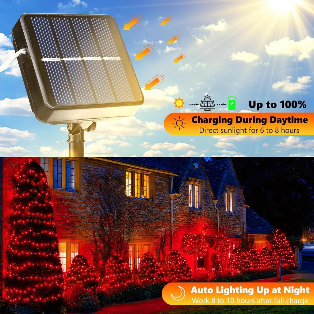 Solar string lights, 2-piece set, total length 200CM, 200 LED solar lights, waterproof, suitable for outdoor use, 8 lighting modes