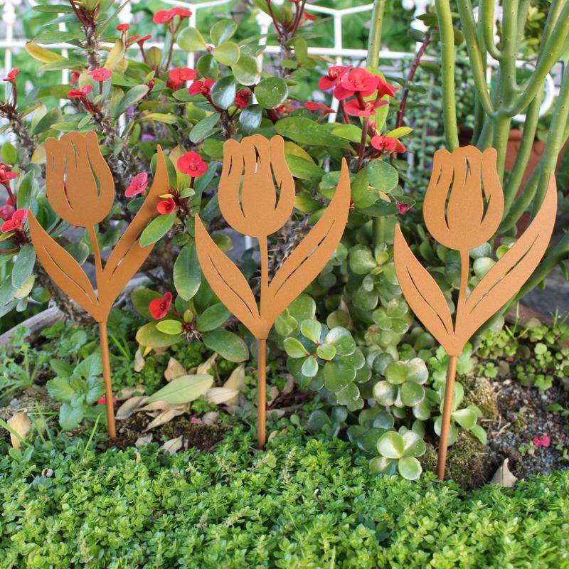 Metall Tulpe Bodeneinsteckset, Außenhof Gartenstecker, Topfpflanzendekoration, Schmiedekunst