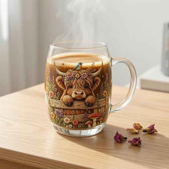 350ML Hand-painted Highland Cow Glass, Highland Cattle Coffee Mug with Handle, Heat-Resistant Tea Milk Water Drinking Cup