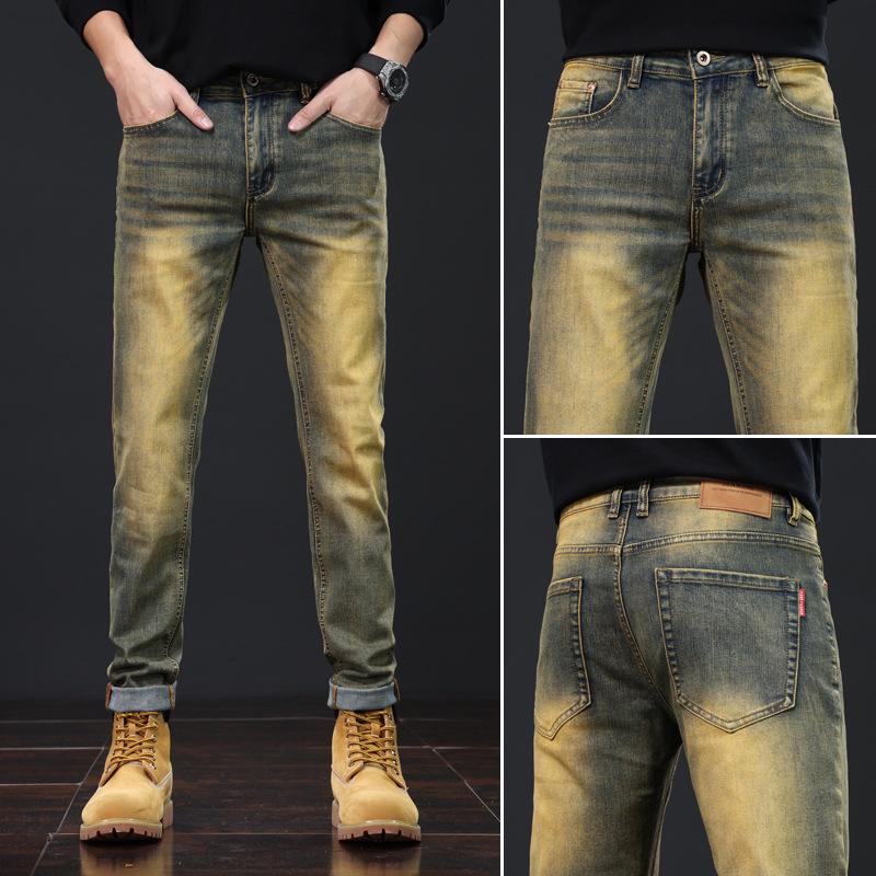 

Men s Yellow Slim-Fit Retro Jeans - High-End, Elastic Skinny Pants for Spring and Autumn 30 (80cm) 60kg