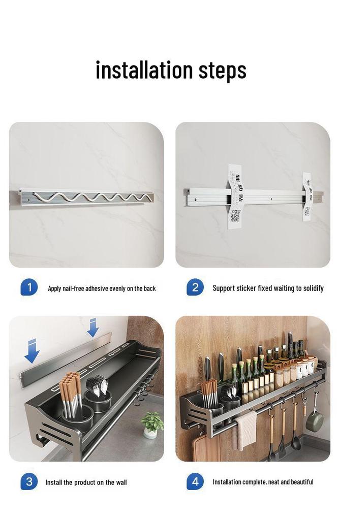 Stainless Steel Wall-Mounted Kitchen Rack with Chopstick, Knife, and Spice Storage