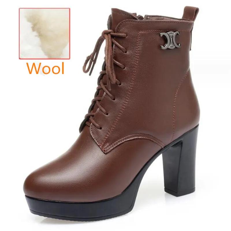 Women Genuine Leather Ankle Boots 2025 Autumn Winter Thick Wool Comfortable Thick High Heels Women Snow Boots Platform Shoes