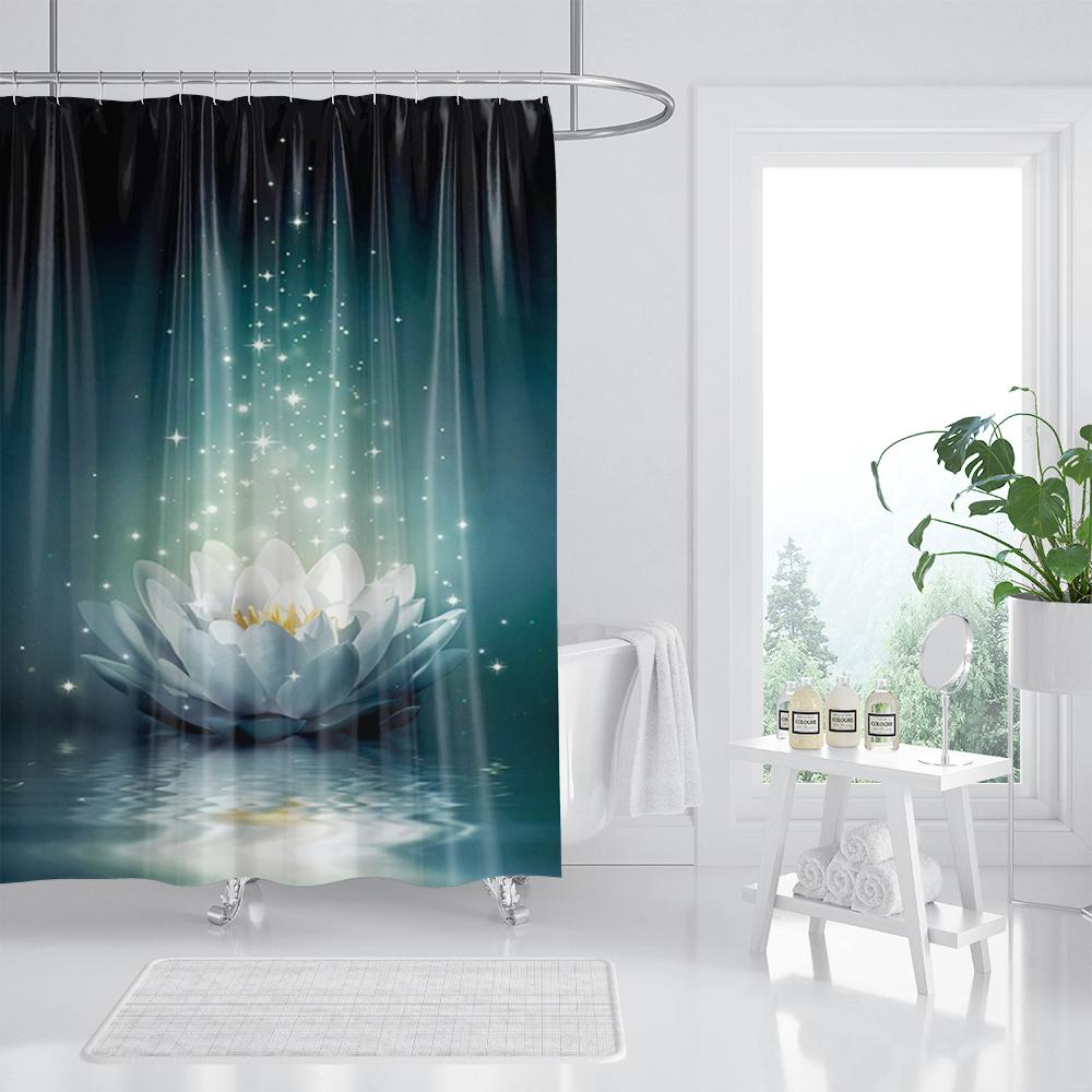 White Lotus Flower Shower Curtains for Zen Spa Bathroom Decor, Asian Floral Polyester Bath Curtain Set, Gift for Women and Girls